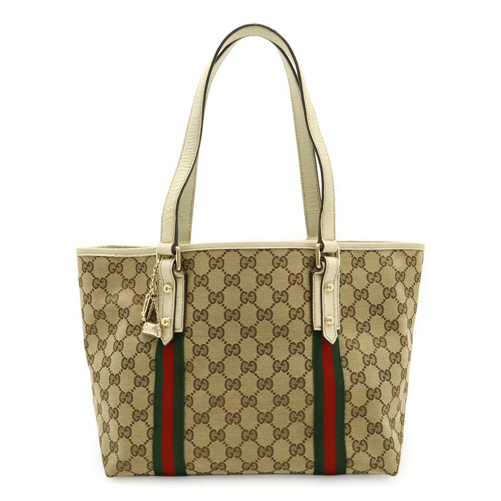 Gucci GG Canvas Sherry Tote Bag Shoulder Leather Beige Cream Ivory White Charm